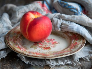 A Perfectly Ripe Peach on a Vintage Plate Showcasing Simplicity and Natural Beauty