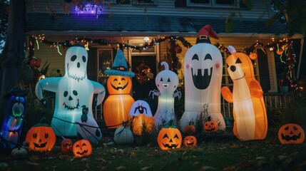 Inflatable Halloween characters in a decorated front yard.