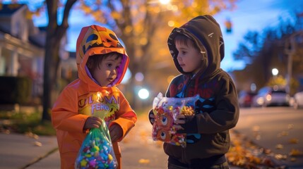 Wall Mural - Kids comparing their candy bags after a night of trick-or-treating.