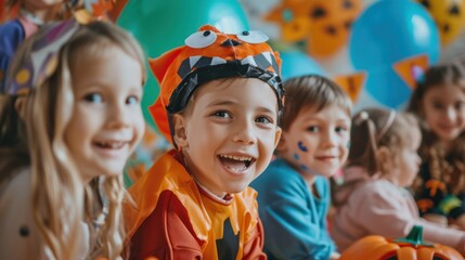 Kids in Halloween costumes, playing party games at a celebration.