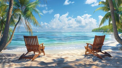 two wooden beach chairs on the sand of an exotic tropical island with palm trees and blue water