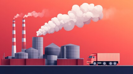 Illustration of an industrial factory with smoke stacks and a truck on a road during sunset, conveying industrial and logistics themes.