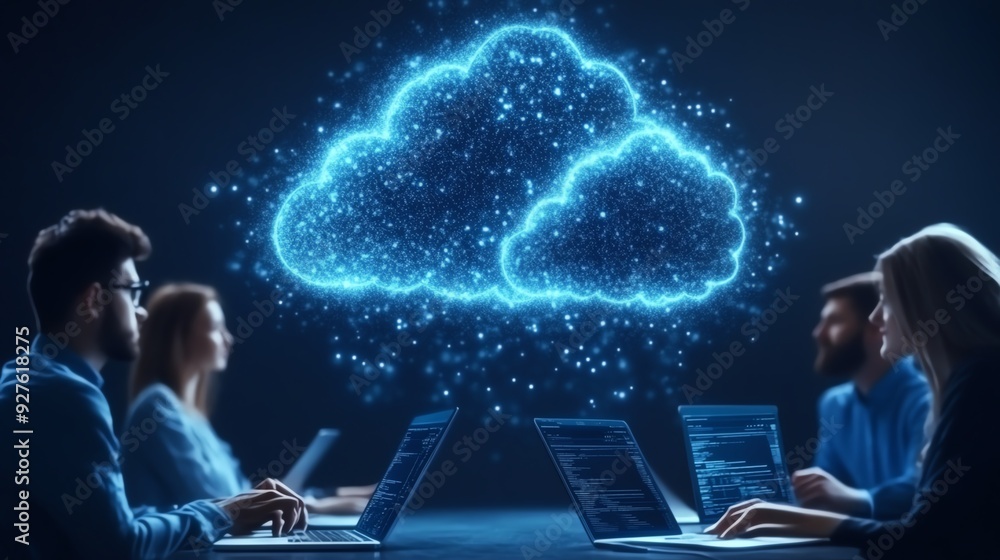 Team working on cloud computing technology with laptops, glowing cloud ...
