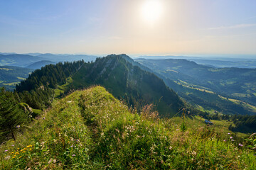 panoramic mountain landscape at sunset on the ridge of the Nagelfluh mountains chain chain near Oberstaufen, Allgaeu area, Bavaria, Germany, 