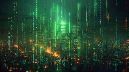 Wall Mural - A stock market graph with a steep upward trend, green dollar signs floating above, with a digital grid and futuristic city skyline in the background, emphasizing financial growth and prosperity,