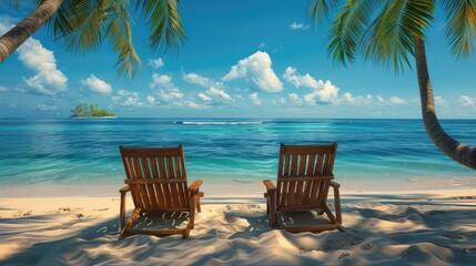 two wooden beach chairs on the sand of an exotic tropical island with palm trees and blue water