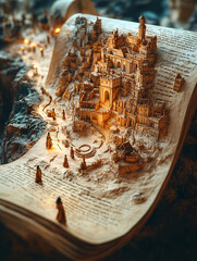 Ancient Scroll with Miniature Historical Architecture, Detailed Models Emerging from the Surface, Illuminated Fantasy Scene Blending History and Art on a Tabletop