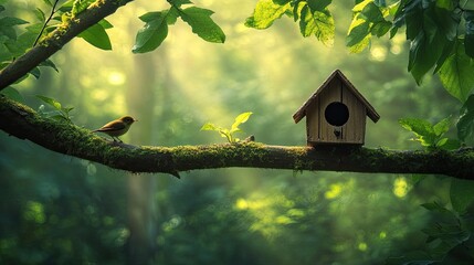 Wall Mural - A quaint birdhouse on a branch, set in the middle of a serene forest, with the natural surroundings creating a peaceful atmosphere.