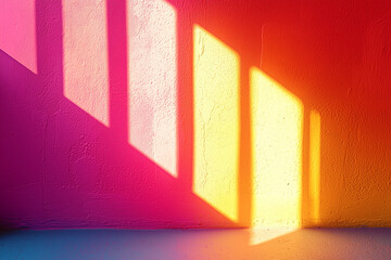 a minimalist wall with bold and vibrant neon gradient shadows of window panes in hot pink and yellow
