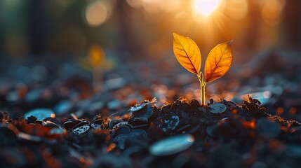 A vibrant seedling growing from a pile of coins, with the sun setting in the background, casting long shadows and highlighting the concept of steady financial growth, cinematic lighting, vivid colors,