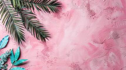 Wall Mural - Light pink background with teal palm leaves