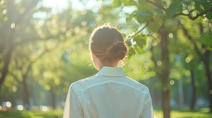 Canvas Print - A woman is standing in a park with her hair in a bun