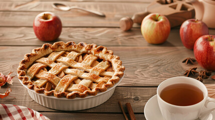 Classic Apple Pie with Lattice Crust and Tea