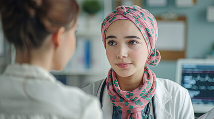 A woman wearing a pink scarf