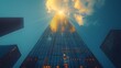 © TranNgoc - A corporate skyscraper standing tall with glass windows reflecting the bright afternoon sun, the surrounding city alive with energy, representing the peak of corporate achievement, cinematic lighting,
