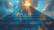 © TranNgoc - A futuristic skyscraper with a glass facade reflecting the last light of the day, towering above the city as the sun sets, creating a powerful symbol of corporate success and vision, cinematic style,