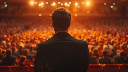 Sticker - A keynote speaker confidently presenting to a full auditorium, the audience clapping and cheering, with the speaker illuminated by soft, focused lighting, emphasizing the achievement, cinematic style,