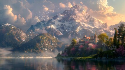 Poster - Majestic Mountain Castle with a Tranquil Lake.