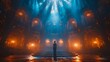 © TranNgoc - A person standing on a grand stage, holding a gold award trophy, with bright spotlights illuminating them and an enthusiastic audience giving a standing ovation,