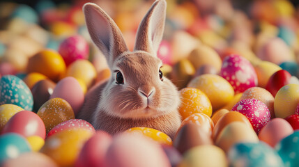 A rabbit surrounded by colorful Easter eggs in a festive arrangement during the spring season