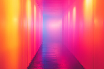 Wall Mural - a futuristic hallway with neon lights in vibrant pink and orange hues fading into a soft foggy background, creating a surreal and dreamy atmosphere