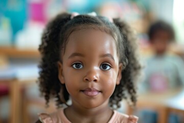 Wall Mural - Cute little girl in blurred classroom looking at camera