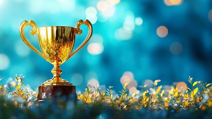 Wall Mural - golden trophy award bokeh soft blue background