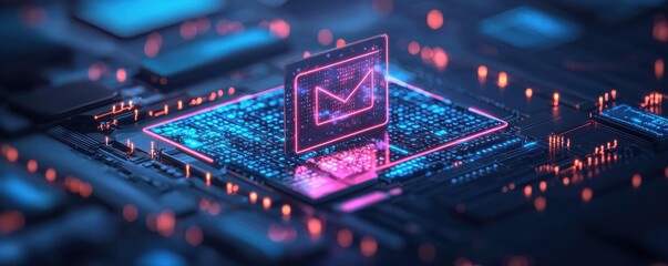 Futuristic digital concept featuring an email icon on a vibrant circuit board, representing communication technology.