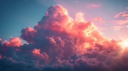 A shy cloud with rosy cheeks, floating lazily in a calm, pastel sky, with soft rays of sunlight breaking through, casting a gentle glow on the landscape below, hd quality, natural look.