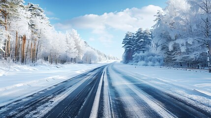 Wall Mural - A snow-covered road winding through a winter forest with a clear blue sky overhead.