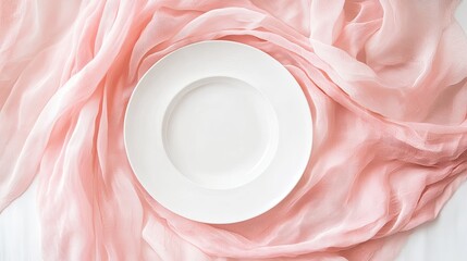 A white plate contrasts with a pink blanket draped on a table, creating a visually pleasing and warm atmosphere.