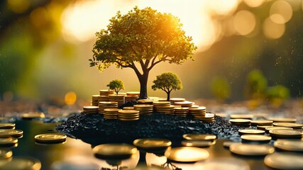 Wall Mural - Small trees on Stacked of coin money in morning. concept in grow and walk step by step for success in business