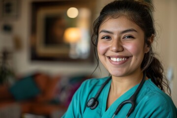 Wall Mural - Portrait of a smiling young Hispanic nurse in scrubs at hospital