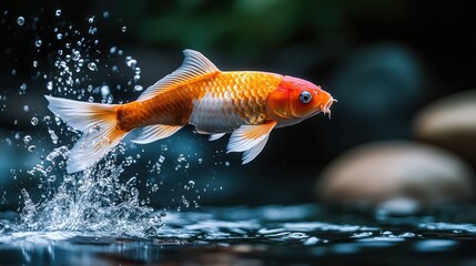 Wall Mural - Koi fish jumping out of the water, fresh and dynamic, dark background