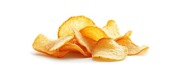 Pile of golden potato chips on white background.