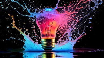 Wall Mural - lightbulb idea concept with colorful liquid of splashing unique creative idea on black background
