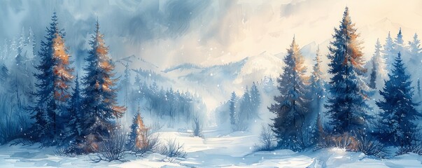 Watercolor abstract winter landscape with snow-covered trees.