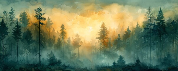 Wall Mural - Watercolor abstract forest with morning mist.