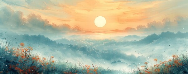 Wall Mural - Watercolor abstract morning mist in meadow with sun on white.