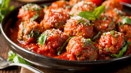 Juicy meatballs simmering in a rich tomato sauce, served with fresh basil and grated Parmesan cheese