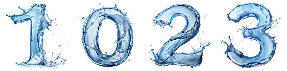 Creative water splash numbers 1 0 2 3 on a transparent background showcasing the fluid and dynamic nature of liquid typography