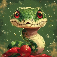 Festive green snake with red eyes and holiday decorations, set against a green background with snowflakes.