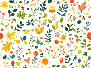 Wall Mural - A seamless pattern with colorful flowers, leaves, and a bird. The bright and lively design is perfect for spring or summer-themed projects.