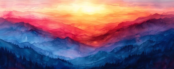 Canvas Print - A painting of mountains with a bright orange sun in the sky