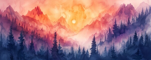 Canvas Print - A painting of a mountain range with a sun in the sky