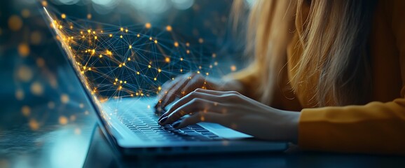 Wall Mural - Woman's hands typing on laptop with glowing network connection.