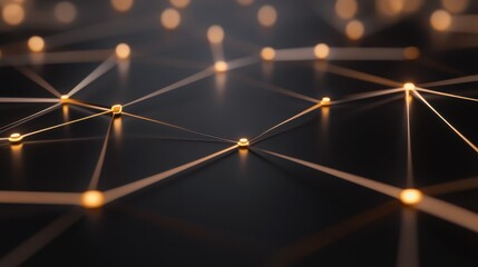 Abstract close-up of glowing nodes and connections on a dark surface, representing the concept of digital networking and data exchange..