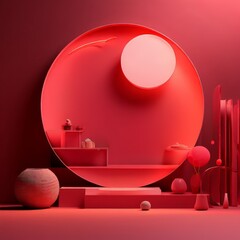 Leinwandbilder - red room with round mirror and vase