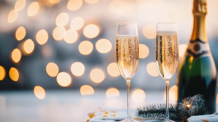 Two champagne flutes filled with bubbly and a bottle of champagne in front of a blurry bokeh background.