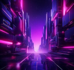 Poster - futuristic city with neon lights and buildings